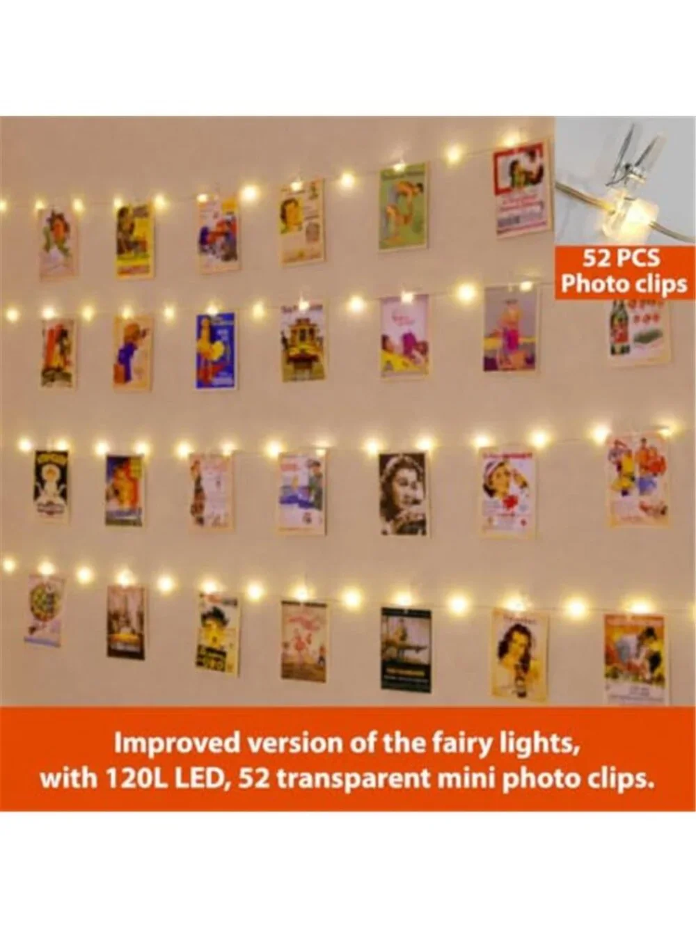 40ft 120 LED Photo Clip String Lights Warm White Fairy Lights USB Remote Timer